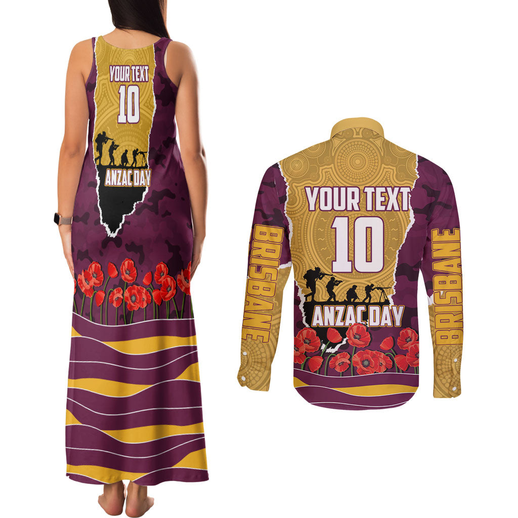 Personalized Brisbane Broncos ANZAC Tribute Couples Matching Tank Maxi Dress and Long Sleeve Button Shirt Poppy Field Soldier Silhouette Aboriginal Rugby Mascot