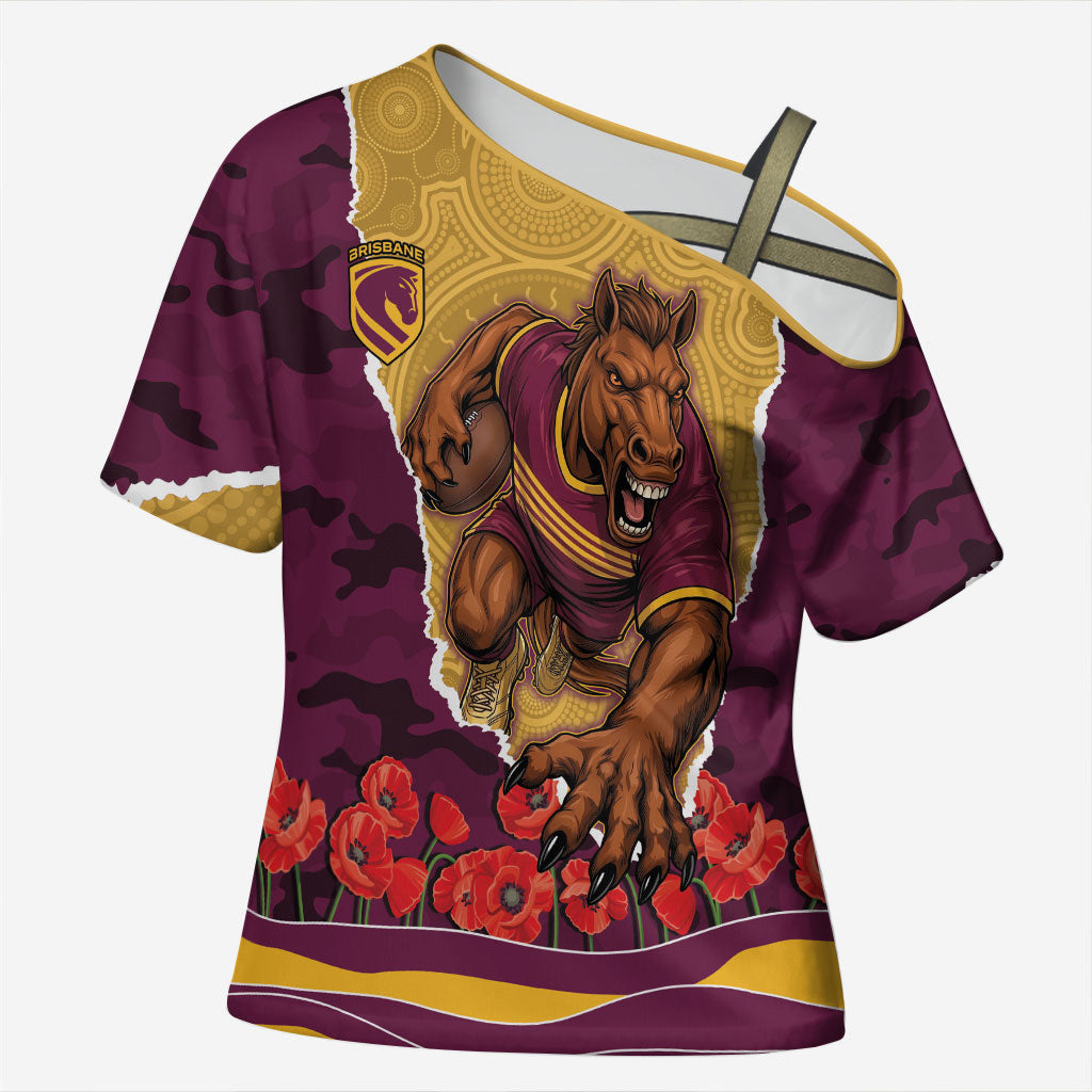 Personalized Brisbane Broncos ANZAC Tribute Cross Shoulder Shirt Poppy Field Soldier Silhouette Aboriginal Rugby Mascot