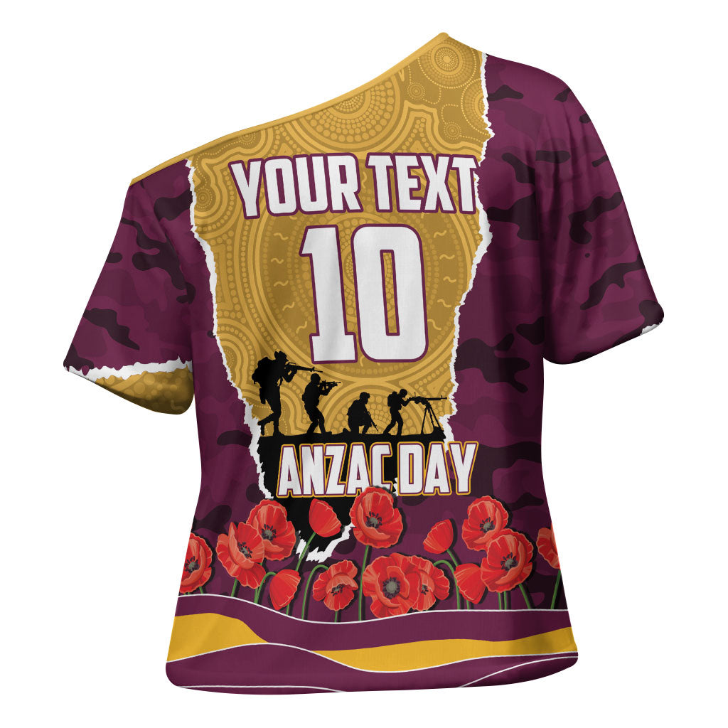 Personalized Brisbane Broncos ANZAC Tribute Cross Shoulder Shirt Poppy Field Soldier Silhouette Aboriginal Rugby Mascot