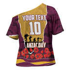 Personalized Brisbane Broncos ANZAC Tribute Cross Shoulder Shirt Poppy Field Soldier Silhouette Aboriginal Rugby Mascot