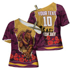 Personalized Brisbane Broncos ANZAC Tribute Cross Shoulder Shirt Poppy Field Soldier Silhouette Aboriginal Rugby Mascot