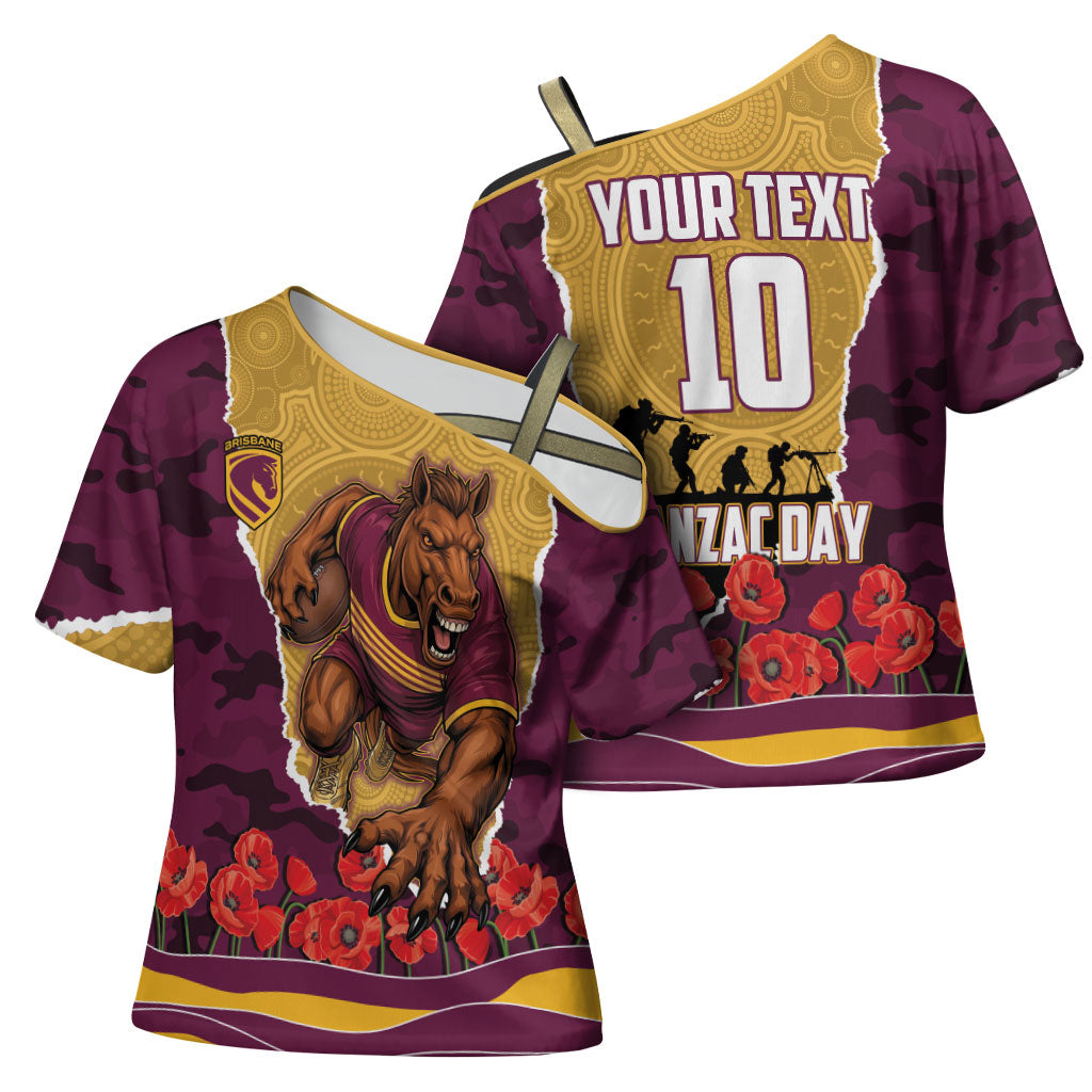 Personalized Brisbane Broncos ANZAC Tribute Cross Shoulder Shirt Poppy Field Soldier Silhouette Aboriginal Rugby Mascot