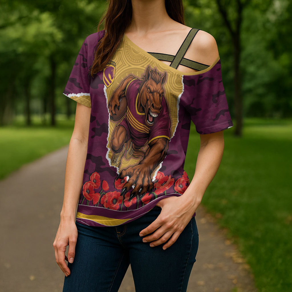 Personalized Brisbane Broncos ANZAC Tribute Cross Shoulder Shirt Poppy Field Soldier Silhouette Aboriginal Rugby Mascot