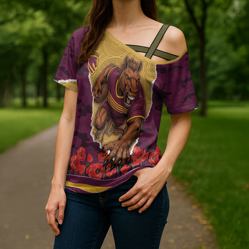 Personalized Brisbane Broncos ANZAC Tribute Cross Shoulder Shirt Poppy Field Soldier Silhouette Aboriginal Rugby Mascot