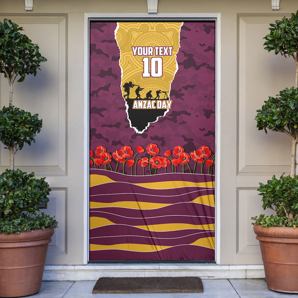 Personalized Brisbane Broncos ANZAC Tribute Door Cover Poppy Field Soldier Silhouette Aboriginal Rugby Mascot