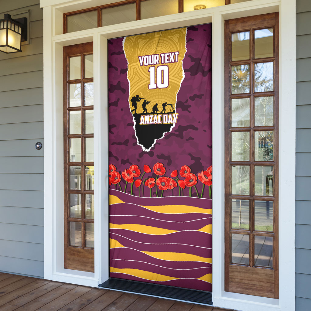 Personalized Brisbane Broncos ANZAC Tribute Door Cover Poppy Field Soldier Silhouette Aboriginal Rugby Mascot