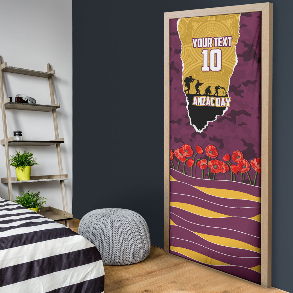 Personalized Brisbane Broncos ANZAC Tribute Door Cover Poppy Field Soldier Silhouette Aboriginal Rugby Mascot