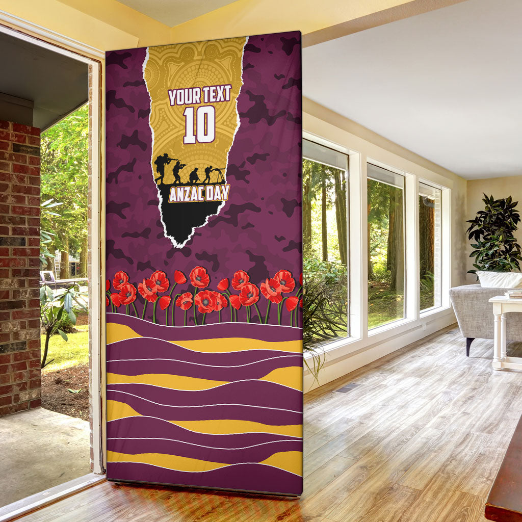 Personalized Brisbane Broncos ANZAC Tribute Door Cover Poppy Field Soldier Silhouette Aboriginal Rugby Mascot
