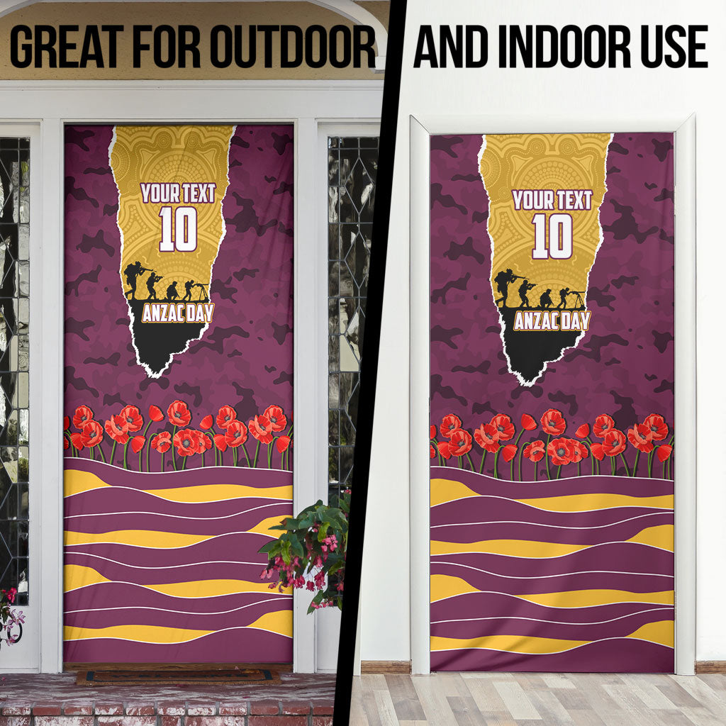 Personalized Brisbane Broncos ANZAC Tribute Door Cover Poppy Field Soldier Silhouette Aboriginal Rugby Mascot