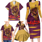 Personalized Brisbane Broncos ANZAC Tribute Family Matching Long Sleeve Bodycon Dress and Hawaiian Shirt Poppy Field Soldier Silhouette Aboriginal Rugby Mascot
