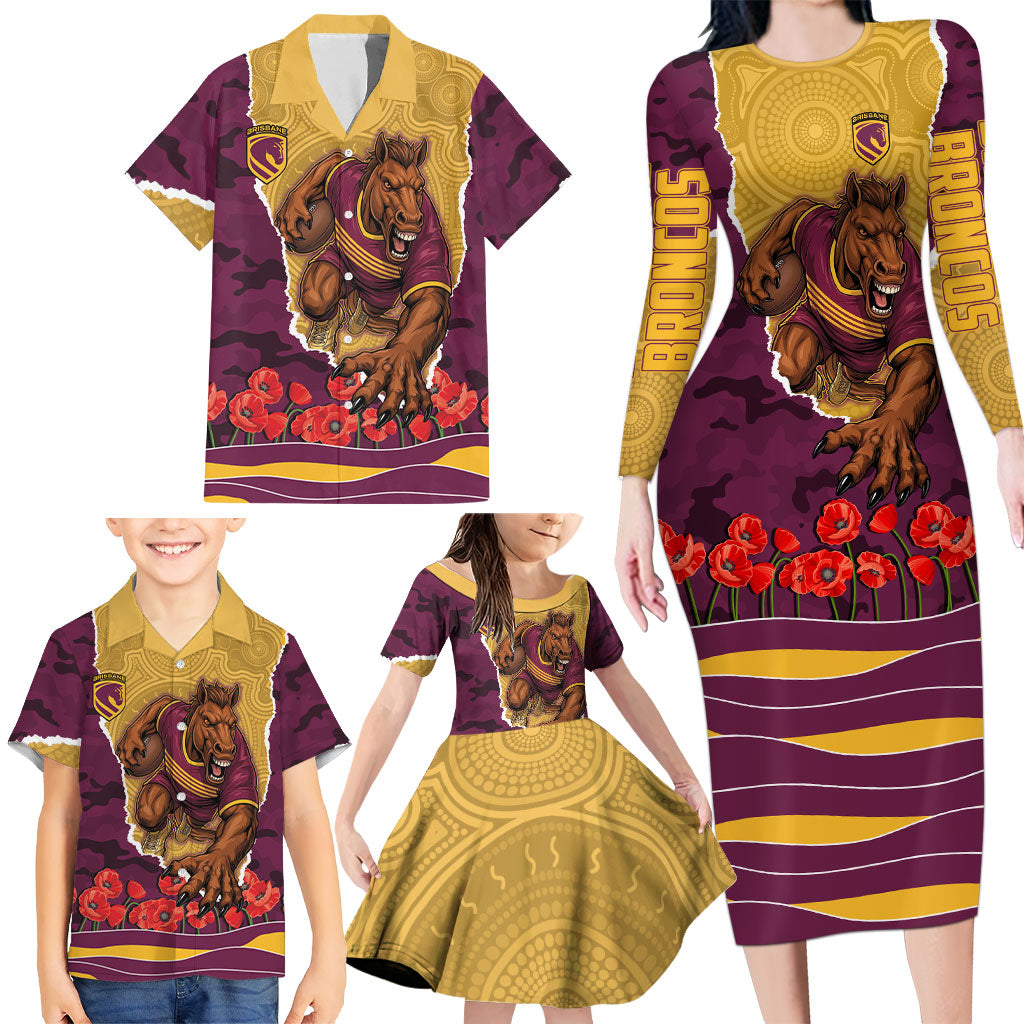 Personalized Brisbane Broncos ANZAC Tribute Family Matching Long Sleeve Bodycon Dress and Hawaiian Shirt Poppy Field Soldier Silhouette Aboriginal Rugby Mascot