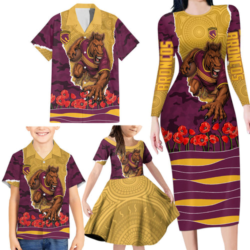 Personalized Brisbane Broncos ANZAC Tribute Family Matching Long Sleeve Bodycon Dress and Hawaiian Shirt Poppy Field Soldier Silhouette Aboriginal Rugby Mascot