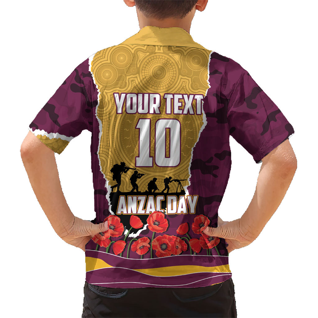 Personalized Brisbane Broncos ANZAC Tribute Family Matching Long Sleeve Bodycon Dress and Hawaiian Shirt Poppy Field Soldier Silhouette Aboriginal Rugby Mascot