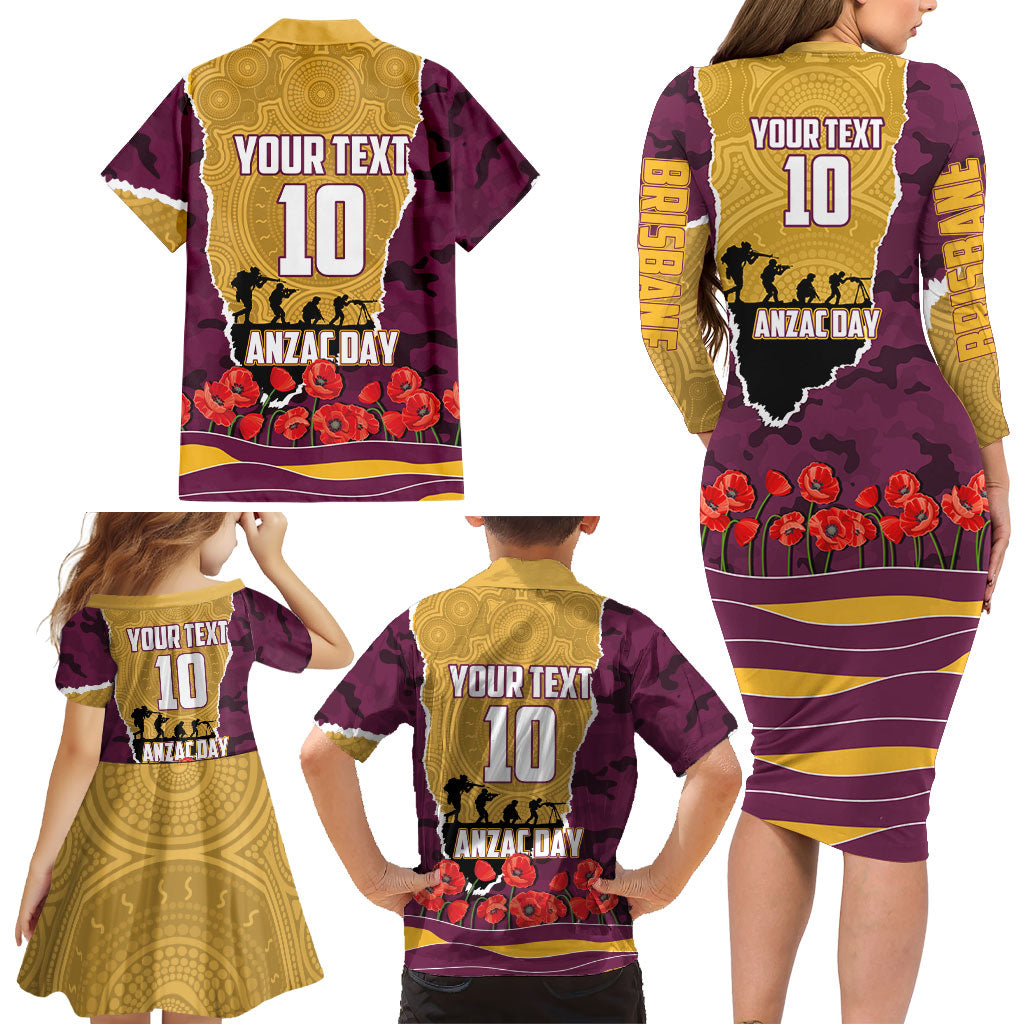 Personalized Brisbane Broncos ANZAC Tribute Family Matching Long Sleeve Bodycon Dress and Hawaiian Shirt Poppy Field Soldier Silhouette Aboriginal Rugby Mascot