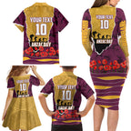 Personalized Brisbane Broncos ANZAC Tribute Family Matching Long Sleeve Bodycon Dress and Hawaiian Shirt Poppy Field Soldier Silhouette Aboriginal Rugby Mascot