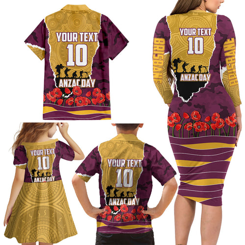 Personalized Brisbane Broncos ANZAC Tribute Family Matching Long Sleeve Bodycon Dress and Hawaiian Shirt Poppy Field Soldier Silhouette Aboriginal Rugby Mascot