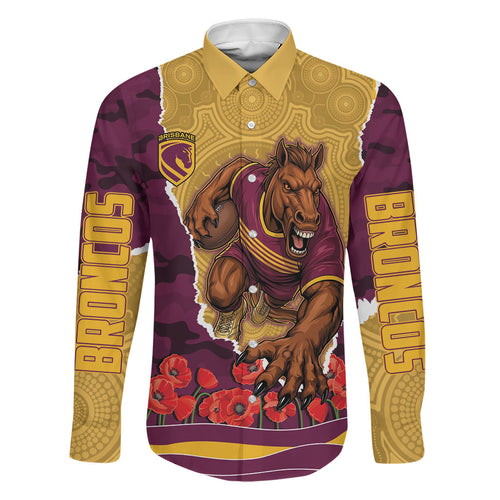 Personalized Brisbane Broncos ANZAC Tribute Family Matching Long Sleeve Bodycon Dress and Hawaiian Shirt Poppy Field Soldier Silhouette Aboriginal Rugby Mascot