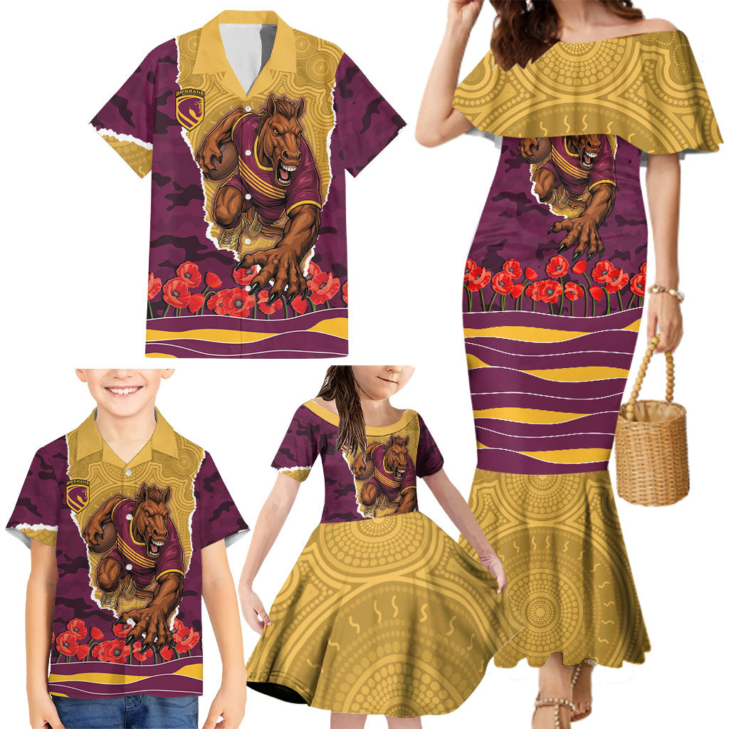 Personalized Brisbane Broncos ANZAC Tribute Family Matching Mermaid Dress and Hawaiian Shirt Poppy Field Soldier Silhouette Aboriginal Rugby Mascot