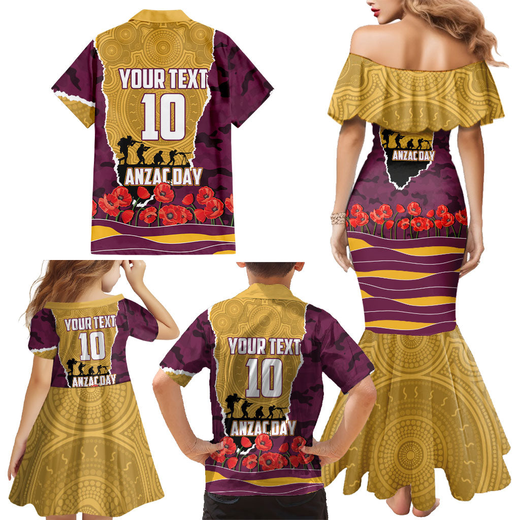 Personalized Brisbane Broncos ANZAC Tribute Family Matching Mermaid Dress and Hawaiian Shirt Poppy Field Soldier Silhouette Aboriginal Rugby Mascot