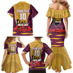 Personalized Brisbane Broncos ANZAC Tribute Family Matching Mermaid Dress and Hawaiian Shirt Poppy Field Soldier Silhouette Aboriginal Rugby Mascot