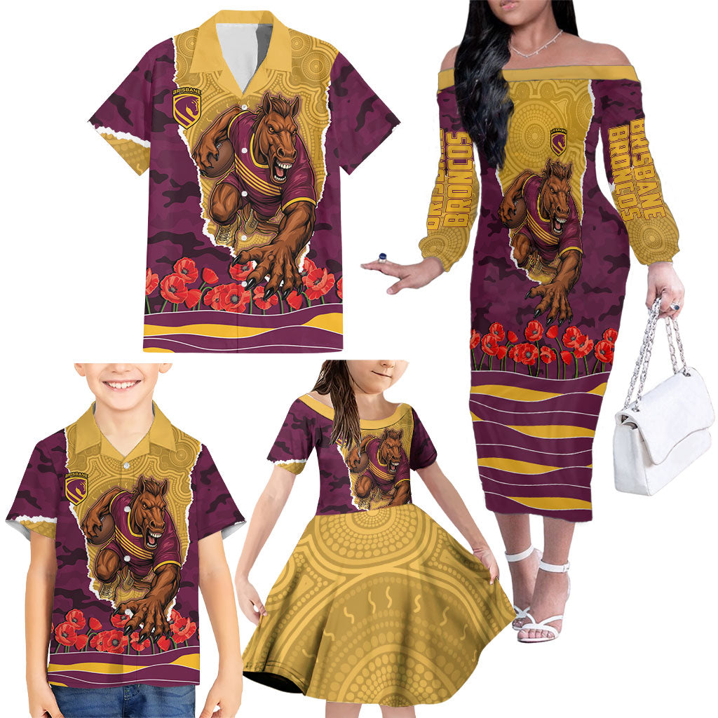 Personalized Brisbane Broncos ANZAC Tribute Family Matching Off The Shoulder Long Sleeve Dress and Hawaiian Shirt Poppy Field Soldier Silhouette Aboriginal Rugby Mascot