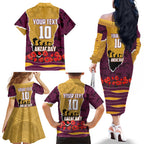 Personalized Brisbane Broncos ANZAC Tribute Family Matching Off The Shoulder Long Sleeve Dress and Hawaiian Shirt Poppy Field Soldier Silhouette Aboriginal Rugby Mascot