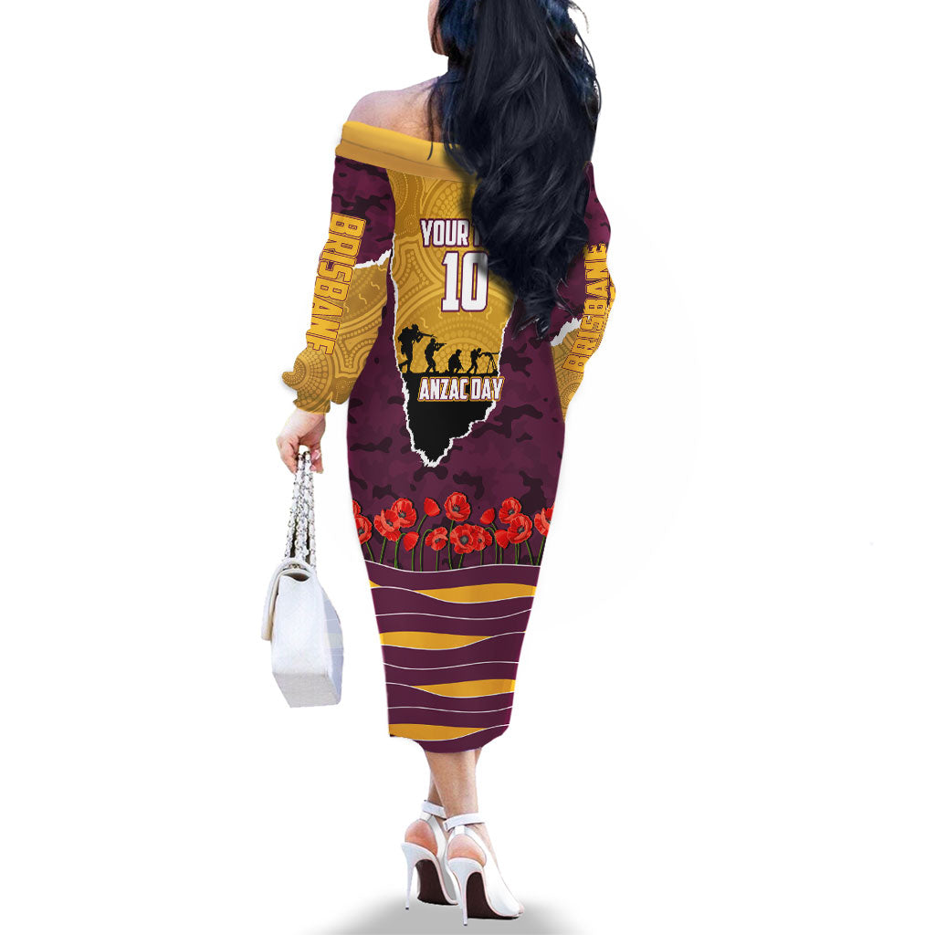 Personalized Brisbane Broncos ANZAC Tribute Family Matching Off The Shoulder Long Sleeve Dress and Hawaiian Shirt Poppy Field Soldier Silhouette Aboriginal Rugby Mascot