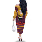 Personalized Brisbane Broncos ANZAC Tribute Family Matching Off The Shoulder Long Sleeve Dress and Hawaiian Shirt Poppy Field Soldier Silhouette Aboriginal Rugby Mascot