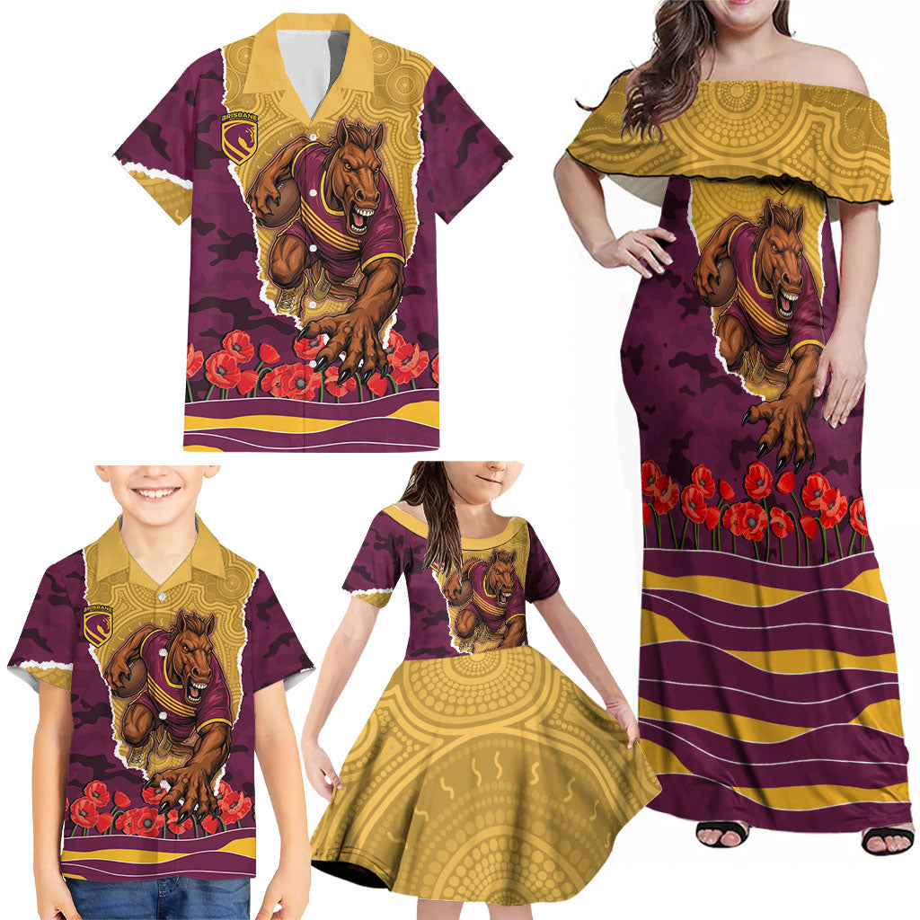Personalized Brisbane Broncos ANZAC Tribute Family Matching Off Shoulder Maxi Dress and Hawaiian Shirt Poppy Field Soldier Silhouette Aboriginal Rugby Mascot