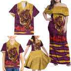 Personalized Brisbane Broncos ANZAC Tribute Family Matching Off Shoulder Maxi Dress and Hawaiian Shirt Poppy Field Soldier Silhouette Aboriginal Rugby Mascot