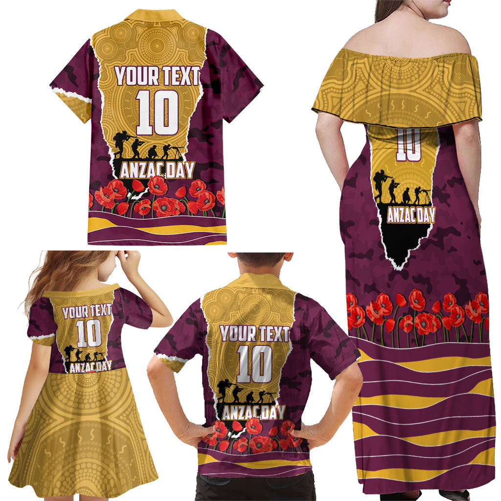 Personalized Brisbane Broncos ANZAC Tribute Family Matching Off Shoulder Maxi Dress and Hawaiian Shirt Poppy Field Soldier Silhouette Aboriginal Rugby Mascot