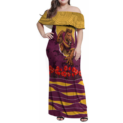 Personalized Brisbane Broncos ANZAC Tribute Family Matching Off Shoulder Maxi Dress and Hawaiian Shirt Poppy Field Soldier Silhouette Aboriginal Rugby Mascot
