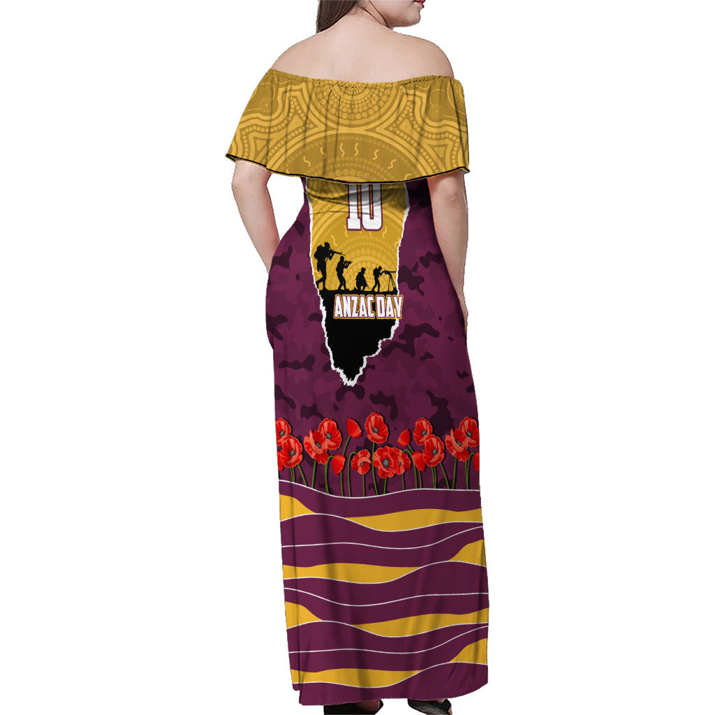 Personalized Brisbane Broncos ANZAC Tribute Family Matching Off Shoulder Maxi Dress and Hawaiian Shirt Poppy Field Soldier Silhouette Aboriginal Rugby Mascot