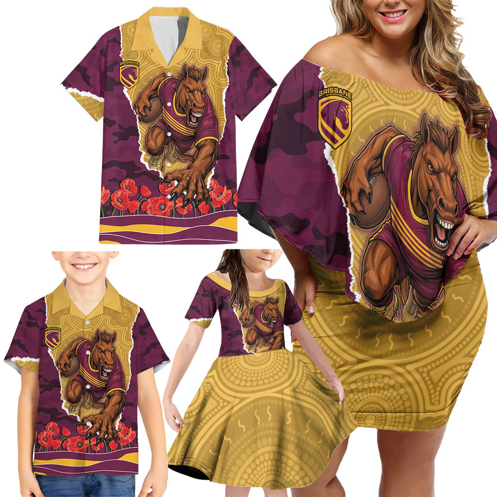 Personalized Brisbane Broncos ANZAC Tribute Family Matching Off Shoulder Short Dress and Hawaiian Shirt Poppy Field Soldier Silhouette Aboriginal Rugby Mascot
