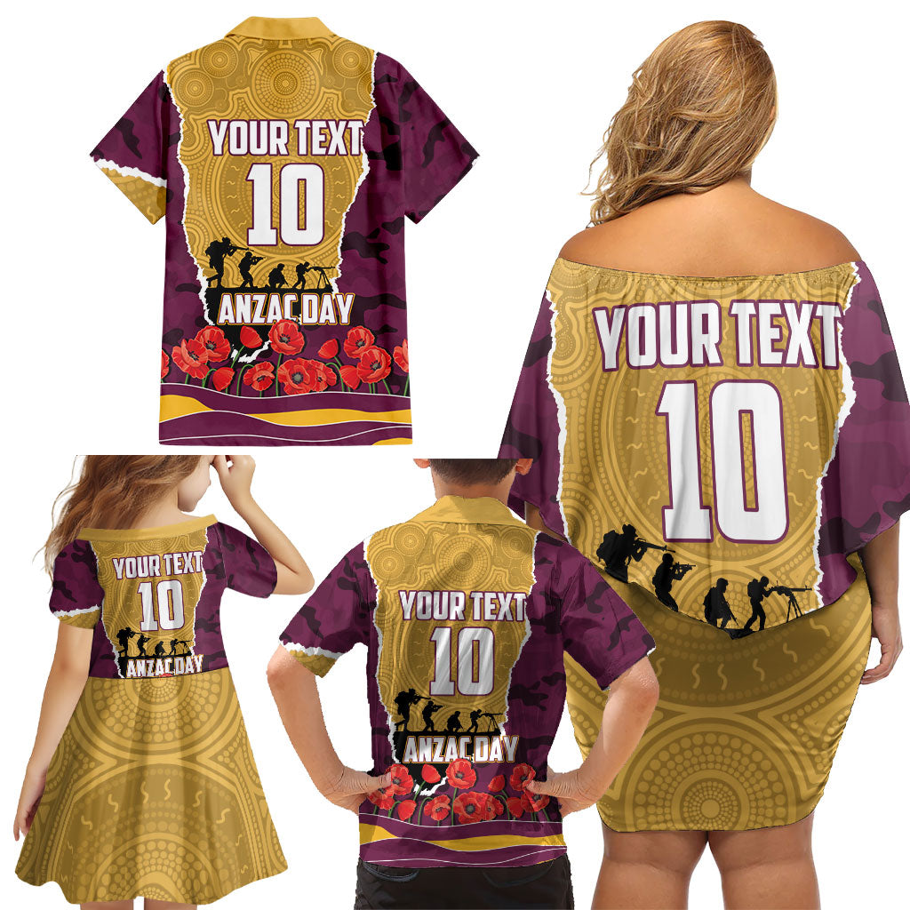 Personalized Brisbane Broncos ANZAC Tribute Family Matching Off Shoulder Short Dress and Hawaiian Shirt Poppy Field Soldier Silhouette Aboriginal Rugby Mascot