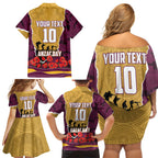 Personalized Brisbane Broncos ANZAC Tribute Family Matching Off Shoulder Short Dress and Hawaiian Shirt Poppy Field Soldier Silhouette Aboriginal Rugby Mascot
