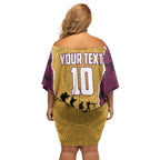 Personalized Brisbane Broncos ANZAC Tribute Family Matching Off Shoulder Short Dress and Hawaiian Shirt Poppy Field Soldier Silhouette Aboriginal Rugby Mascot
