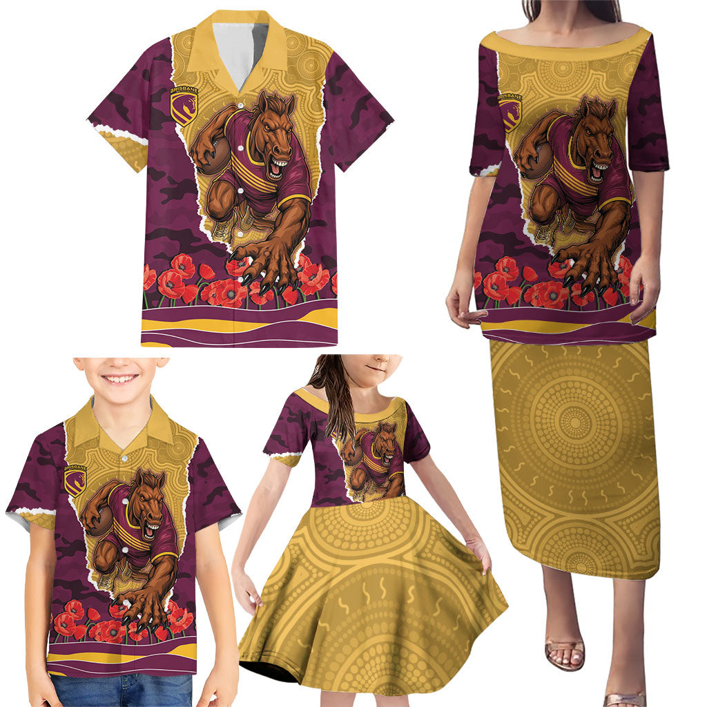 Personalized Brisbane Broncos ANZAC Tribute Family Matching Puletasi and Hawaiian Shirt Poppy Field Soldier Silhouette Aboriginal Rugby Mascot