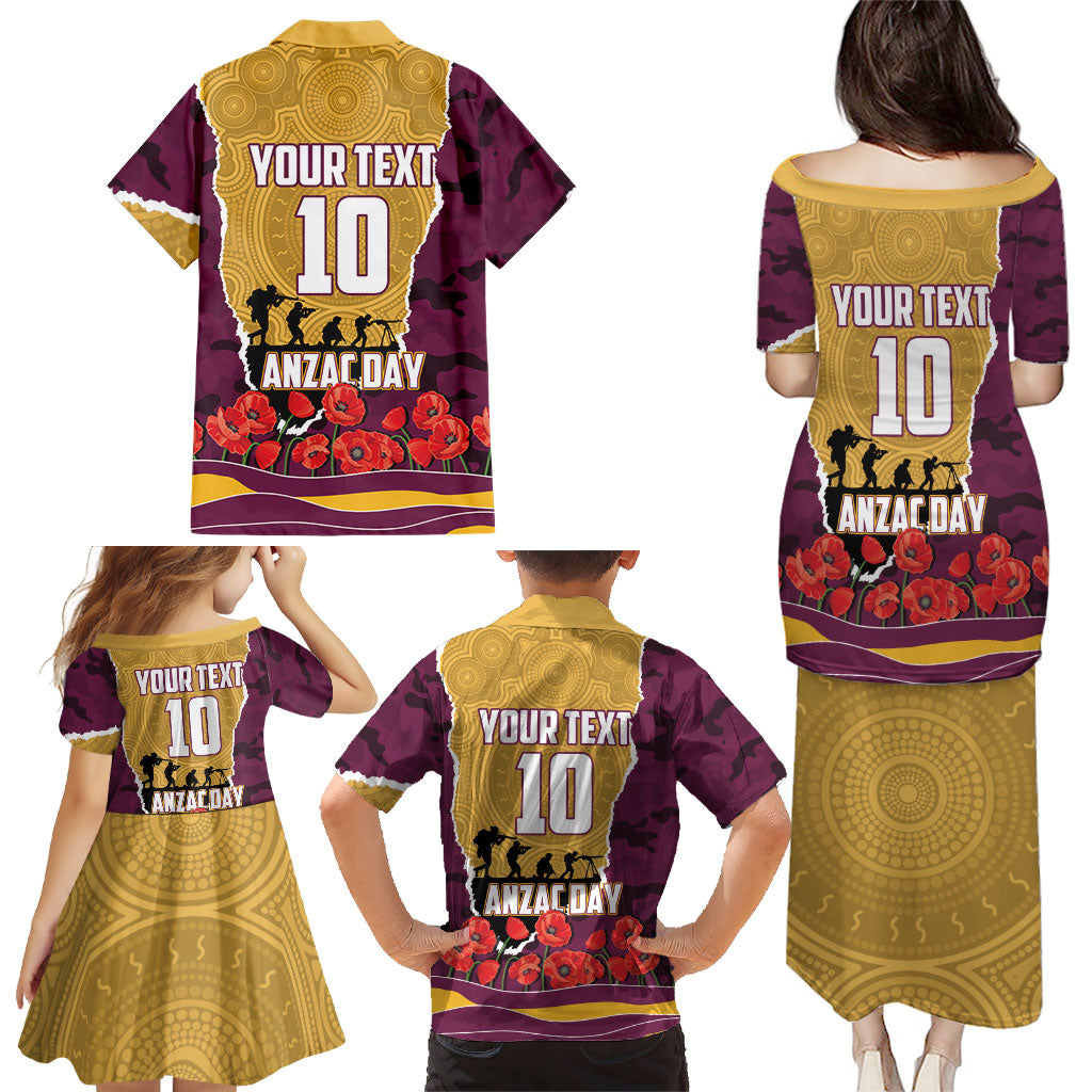 Personalized Brisbane Broncos ANZAC Tribute Family Matching Puletasi and Hawaiian Shirt Poppy Field Soldier Silhouette Aboriginal Rugby Mascot