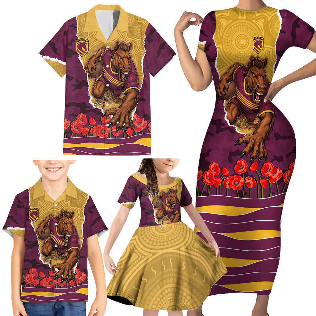 Personalized Brisbane Broncos ANZAC Tribute Family Matching Short Sleeve Bodycon Dress and Hawaiian Shirt Poppy Field Soldier Silhouette Aboriginal Rugby Mascot