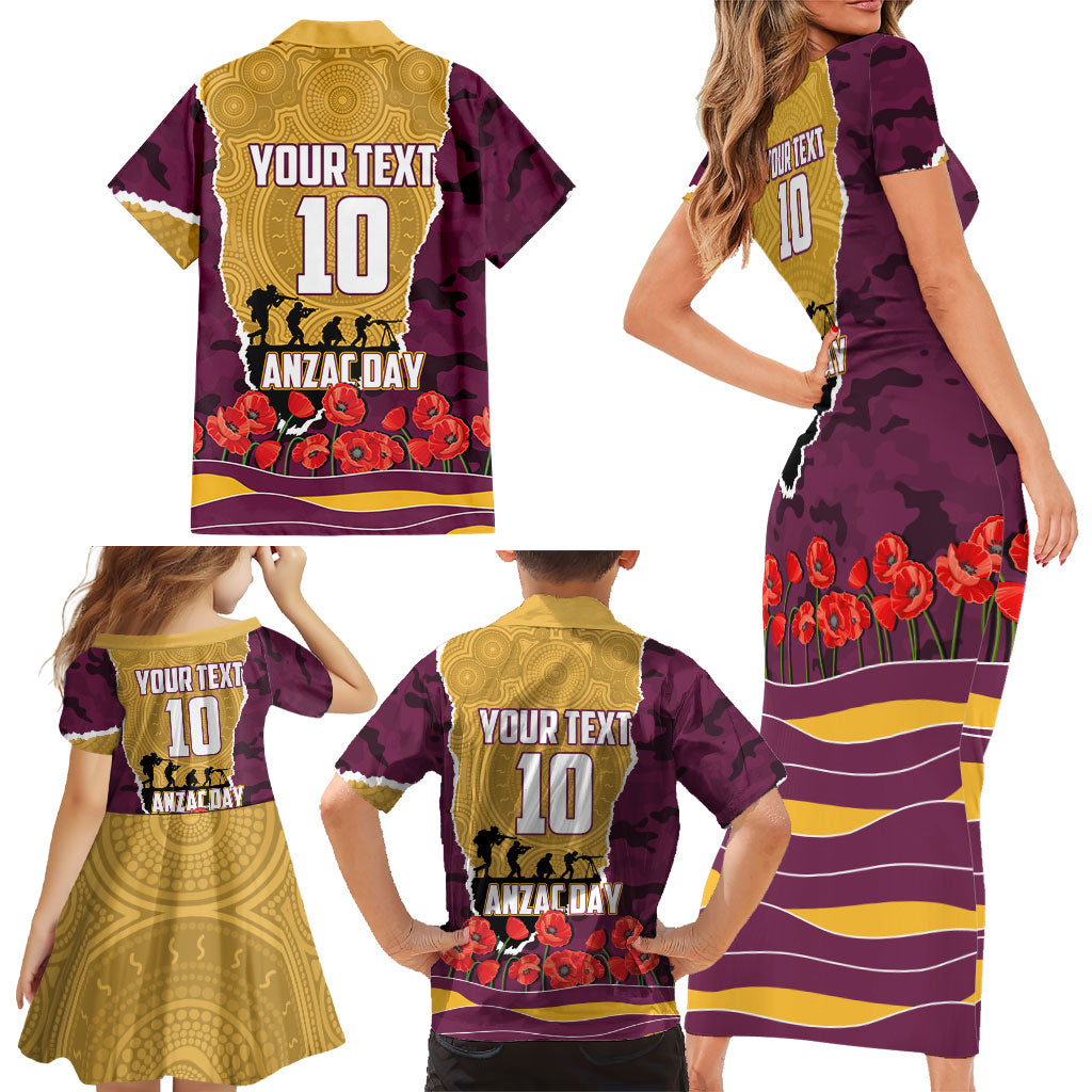 Personalized Brisbane Broncos ANZAC Tribute Family Matching Short Sleeve Bodycon Dress and Hawaiian Shirt Poppy Field Soldier Silhouette Aboriginal Rugby Mascot