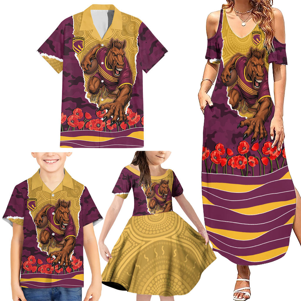 Personalized Brisbane Broncos ANZAC Tribute Family Matching Summer Maxi Dress and Hawaiian Shirt Poppy Field Soldier Silhouette Aboriginal Rugby Mascot