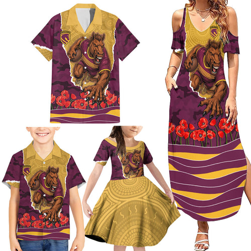 Personalized Brisbane Broncos ANZAC Tribute Family Matching Summer Maxi Dress and Hawaiian Shirt Poppy Field Soldier Silhouette Aboriginal Rugby Mascot