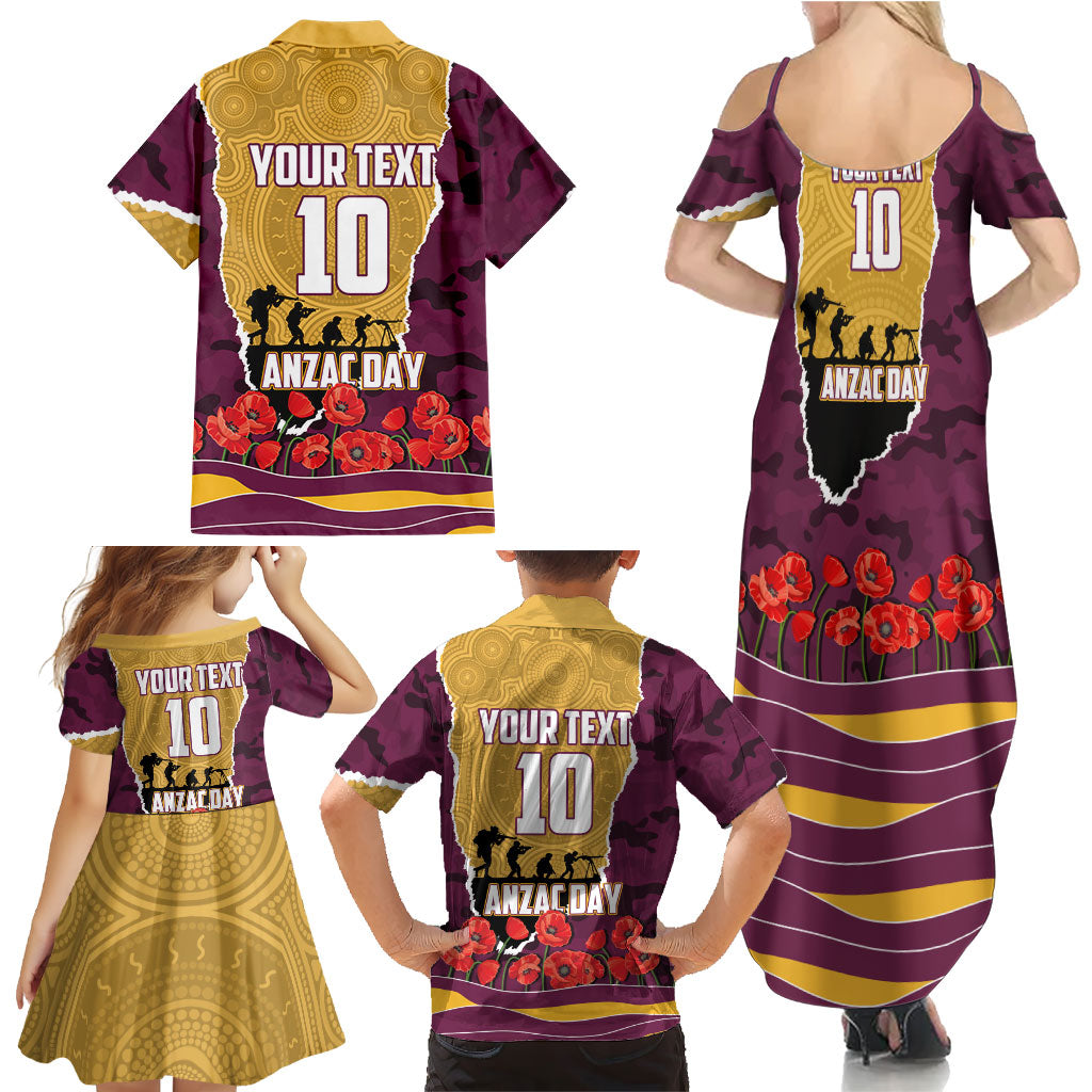 Personalized Brisbane Broncos ANZAC Tribute Family Matching Summer Maxi Dress and Hawaiian Shirt Poppy Field Soldier Silhouette Aboriginal Rugby Mascot