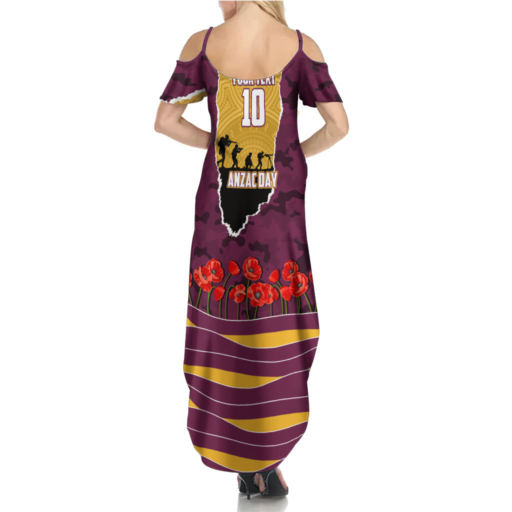 Personalized Brisbane Broncos ANZAC Tribute Family Matching Summer Maxi Dress and Hawaiian Shirt Poppy Field Soldier Silhouette Aboriginal Rugby Mascot