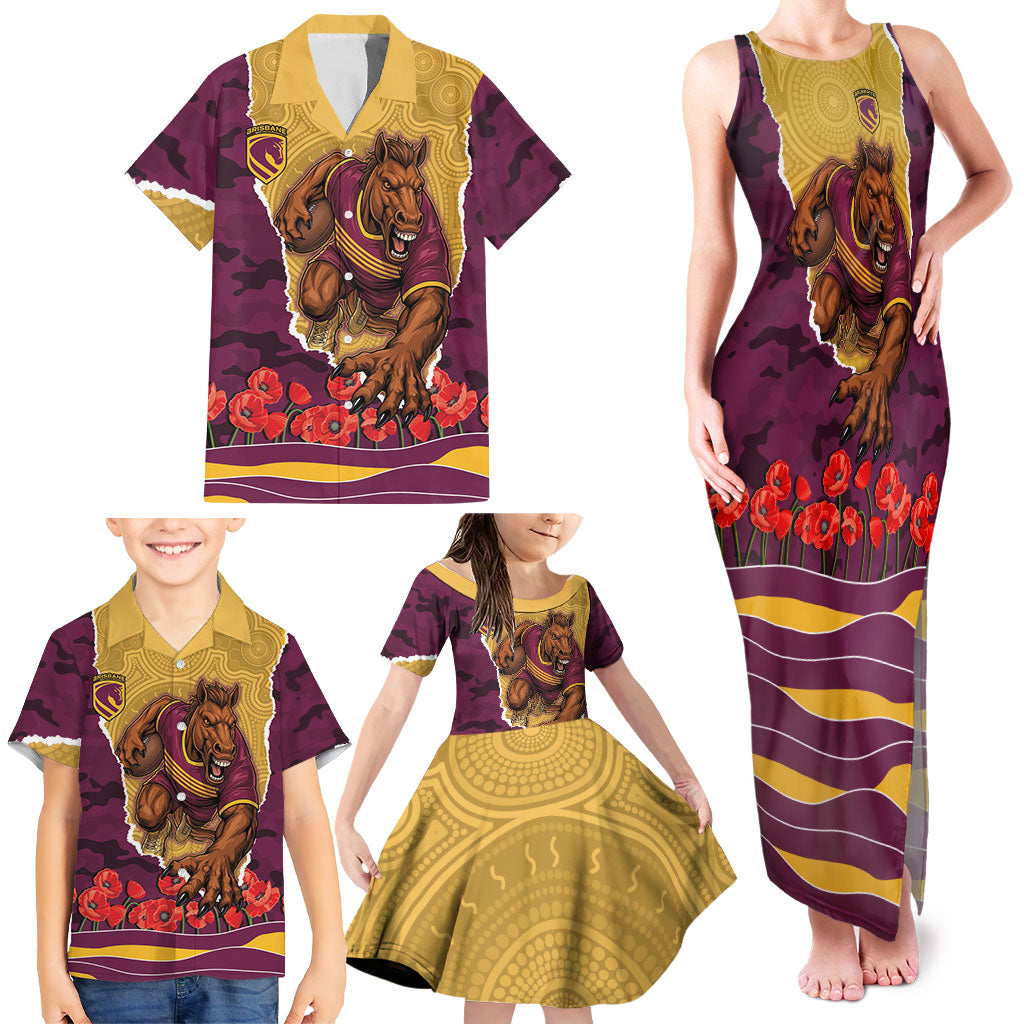 Personalized Brisbane Broncos ANZAC Tribute Family Matching Tank Maxi Dress and Hawaiian Shirt Poppy Field Soldier Silhouette Aboriginal Rugby Mascot