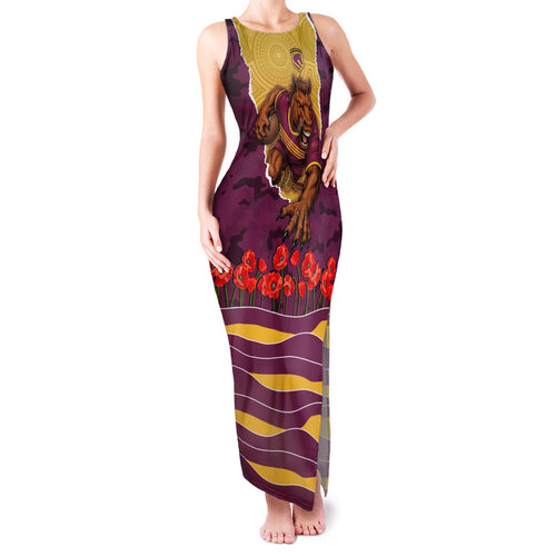 Personalized Brisbane Broncos ANZAC Tribute Family Matching Tank Maxi Dress and Hawaiian Shirt Poppy Field Soldier Silhouette Aboriginal Rugby Mascot