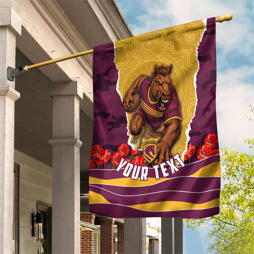 Personalized Brisbane Broncos ANZAC Tribute Garden Flag Poppy Field Soldier Silhouette Aboriginal Rugby Mascot