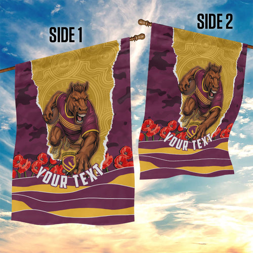 Personalized Brisbane Broncos ANZAC Tribute Garden Flag Poppy Field Soldier Silhouette Aboriginal Rugby Mascot