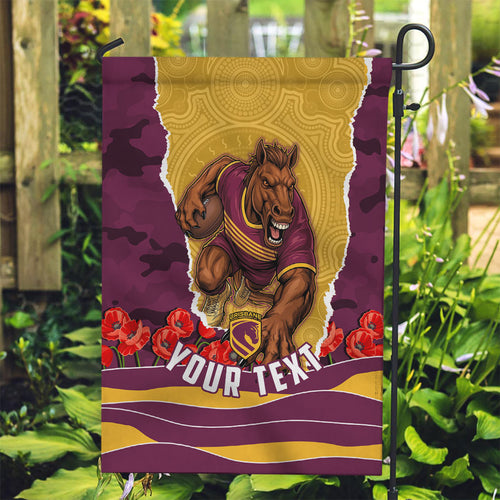 Personalized Brisbane Broncos ANZAC Tribute Garden Flag Poppy Field Soldier Silhouette Aboriginal Rugby Mascot